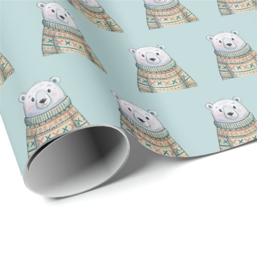 Niedlicher Polar Bär auf Pulver Blaues Weihnachtsm Geschenkpapier (Rolleneckpunkt)