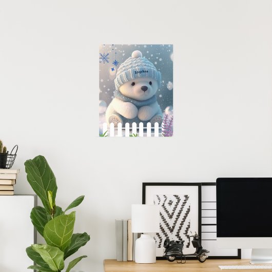 Niedlicher Polar Bär im Schnee Blue Hat Scarf Cust Poster (Heimbüro)