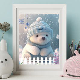 Niedlicher Polar Bär im Schnee Blue Hat Scarf Cust Poster