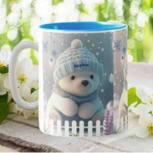 Niedlicher Polar-Bär im Schnee Blue Hat Scarf Cust Zweifarbige Tasse