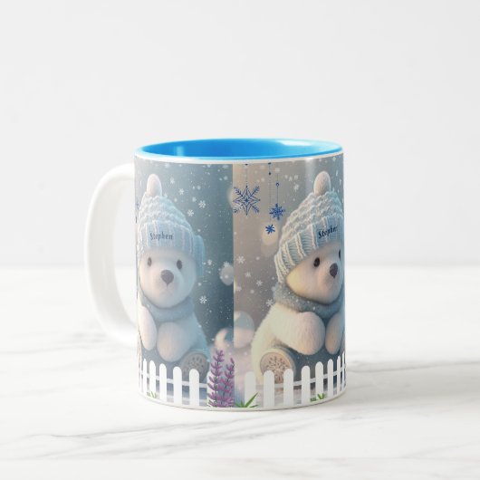 Niedlicher Polar-Bär im Schnee Blue Hat Scarf Cust Zweifarbige Tasse (Vorderseite Links)