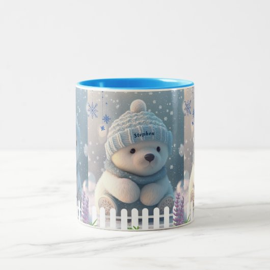 Niedlicher Polar-Bär im Schnee Blue Hat Scarf Cust Zweifarbige Tasse (Mittel)