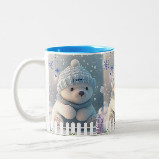 Niedlicher Polar-Bär im Schnee Blue Hat Scarf Cust Zweifarbige Tasse (Links)