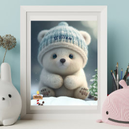 Niedlicher Polar Bär in Snow Blue Hat Personalisie Poster