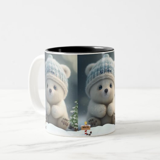 Niedlicher Polar-Bär in Snow Blue Hat Personalisie Zweifarbige Tasse (Vorderseite Links)