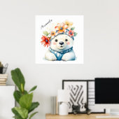 Niedlicher Polar-Bär mit Blume Poster (Heimbüro)