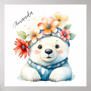 Niedlicher Polar-Bär mit Blume Poster