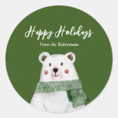 Niedlicher Polar Bär mit grünem Scarf Happy Holida Runder Aufkleber (Vorderseite)