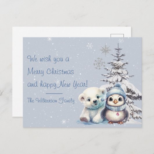 Niedlicher Polar-Bär und Pinguin-Nordpol Weihnacht Postkarte (Vorne/Hinten)
