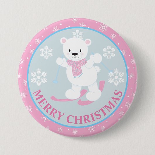 Niedlicher Polar Bär und Schneeflocken Rosa Weihna Button (Vorderseite)