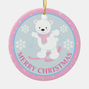 Niedlicher Polar Bär und Schneeflocken Rosa Weihna Keramik Ornament
