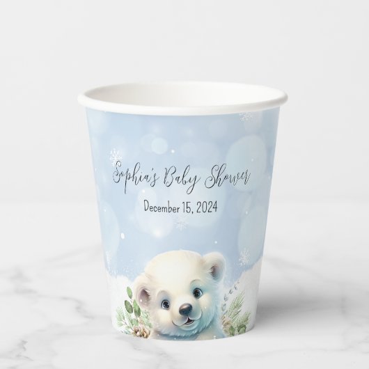 Niedlicher Polar Bear Blue Winter Baby Dusche Pappbecher (Vorderseite)