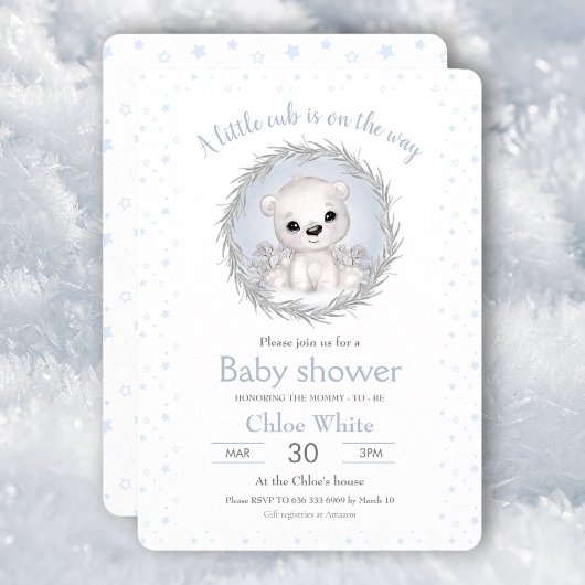 Niedlicher Polar Bear Boy White Baby Dusche Einlad Einladung