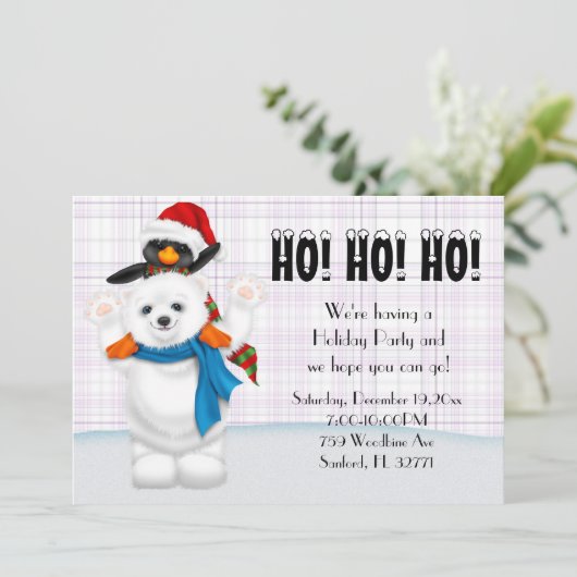 Niedlicher Polar Bear & Penguin Party Einladung (Stehend Vorderseite)
