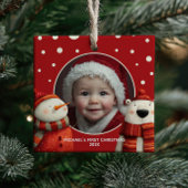 Niedlicher Polar Bear Red First Christmas Baby Fot Keramikornament