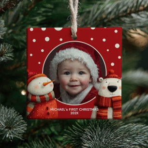 Niedlicher Polar Bear Red First Christmas Baby Fot Keramikornament