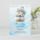 Niedlicher Polar Bear Winter Blue Baby Dusche sein Einladung (Stehend Vorderseite)