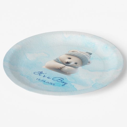 Niedlicher Polar Bear Winter Blue Baby Dusche sein Pappteller (Schrägansicht)
