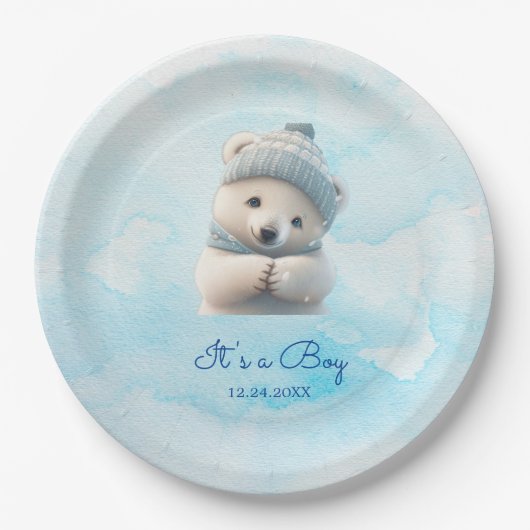 Niedlicher Polar Bear Winter Blue Baby Dusche sein Pappteller (Vorderseite)