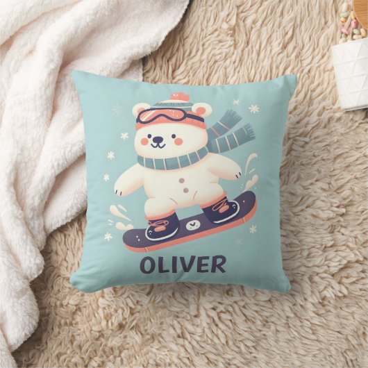 Niedlicher Polarbär auf Snowboard Personalisiert Kissen (Decke)