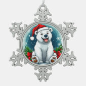 Niedlicher Polarbär in Weihnachtsmannmütze und Kar Schneeflocken Zinn-Ornament (Vorderseite)
