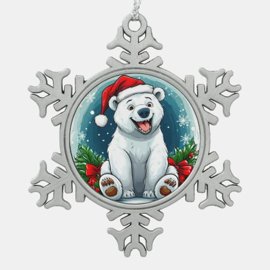 Niedlicher Polarbär in Weihnachtsmannmütze und Kar Schneeflocken Zinn-Ornament (Vorderseite)