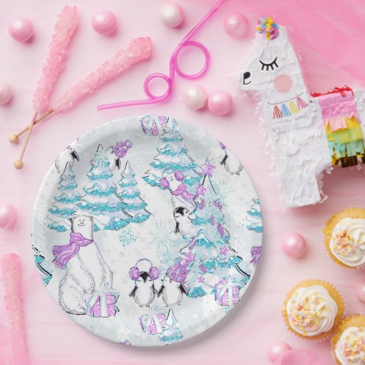 Niedlicher Polarbär und Pinguin Pappteller (Party)