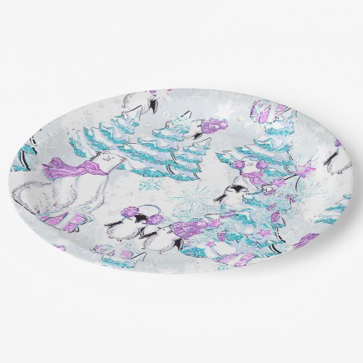 Niedlicher Polarbär und Pinguin Pappteller (Schrägansicht)