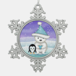 Niedlicher Polarbär und Pinguin Schneeflocken Zinn-Ornament