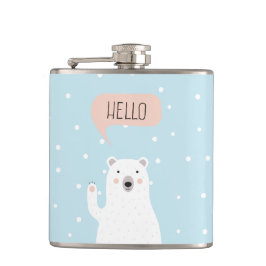 Niedlicher polarer Bär im Schnee sagt hallo Flachmann