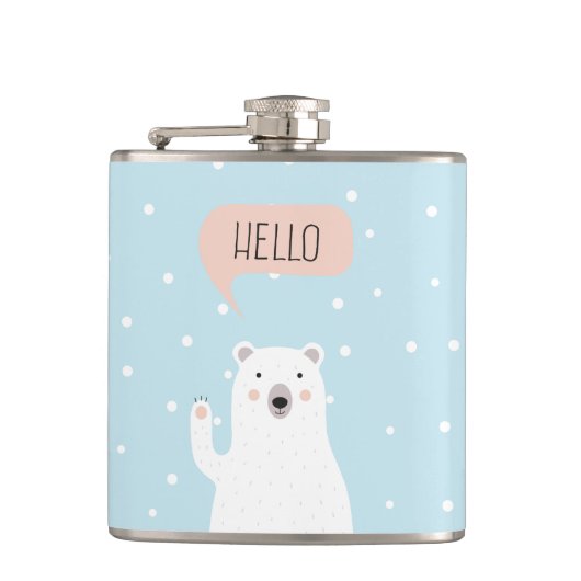 Niedlicher polarer Bär im Schnee sagt hallo Flachmann (Vorderseite)