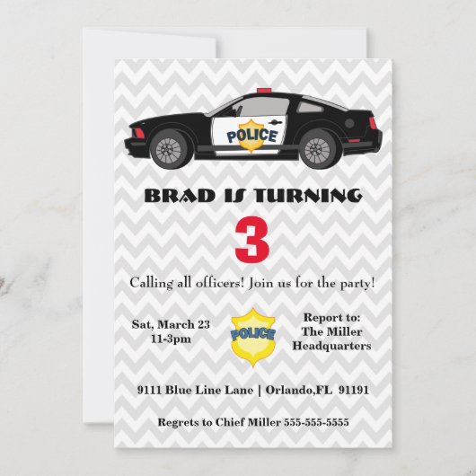 Niedlicher Polizeiwagen Einladung zum Geburtstag (Vorderseite)