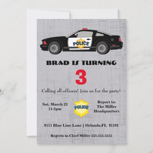 Niedlicher Polizeiwagen Einladung zum Geburtstag (Vorderseite)