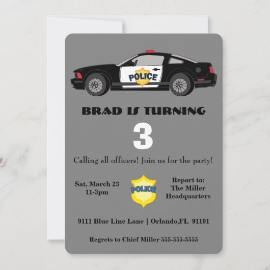 Niedlicher Polizeiwagen Einladung zum Geburtstag (Vorderseite)