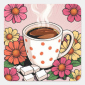 Niedlicher Polka Dot Kaffee Cup und Blume Quadratischer Aufkleber