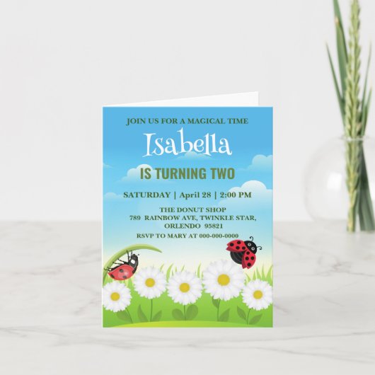 Niedlicher Polka dot Ladybug Daisy Blume Geburtsta Einladung (Vorderseite)