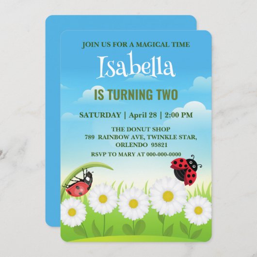 Niedlicher Polka dot Ladybug Daisy Blume Geburtsta Einladung (Vorne/Hinten)