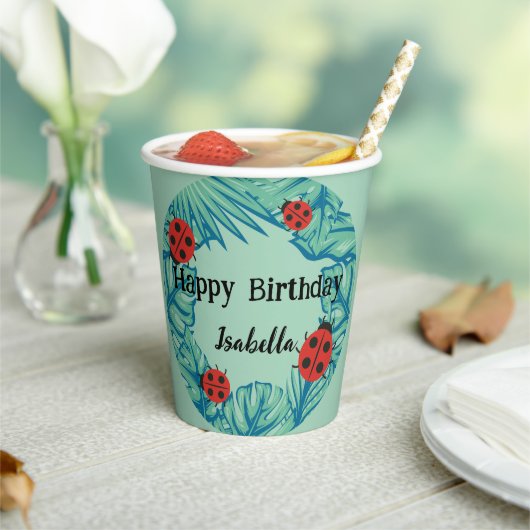 Niedlicher Polka dot Ladybug Jungle Leaf Geburtsta Pappbecher (In Situ)