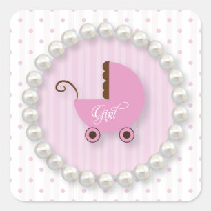 Niedlicher Polka Dot und Perlen Girl Babyduschstic Quadratischer Aufkleber
