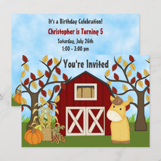 Niedlicher Pony und Roter Barn Herbstpferd Geburts Einladung