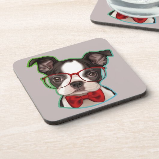Niedlicher Pop Art Hipster Boston Terrier Getränkeuntersetzer (Linke Seite)