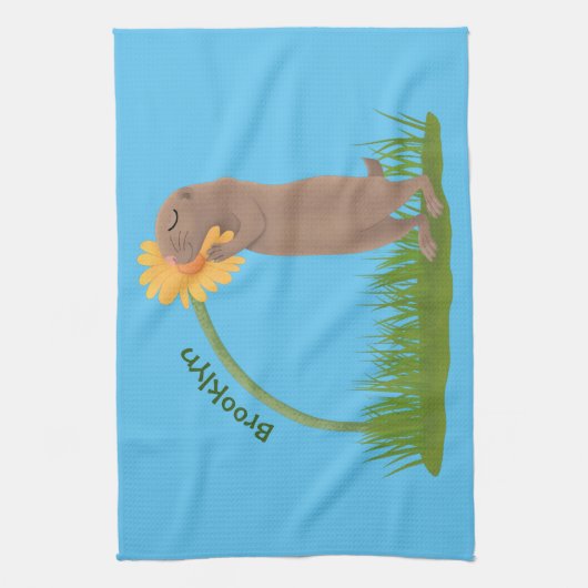 Niedlicher Präriehund schnüffelt Blume Cartoon Geschirrtuch (Vertikal)