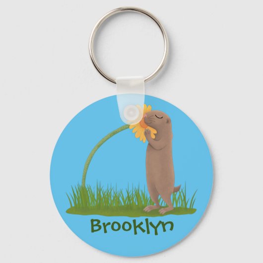 Niedlicher Präriehund schnüffelt Blume Cartoon Schlüsselanhänger (Vorderseite)
