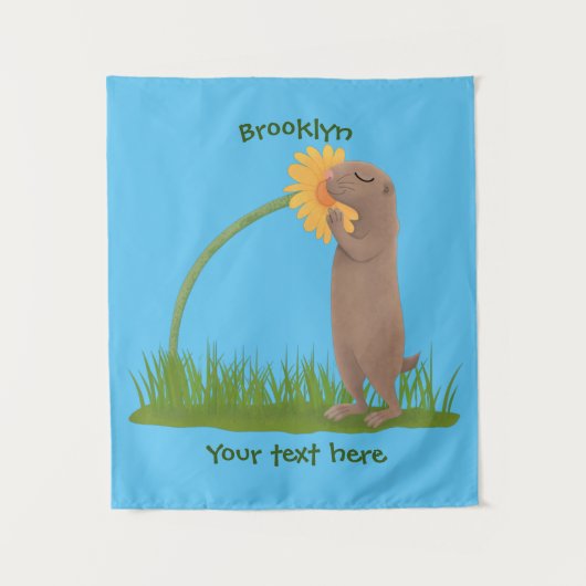 Niedlicher Präriehund schnüffelt Blume Cartoon Wandteppich (Vorderseite)