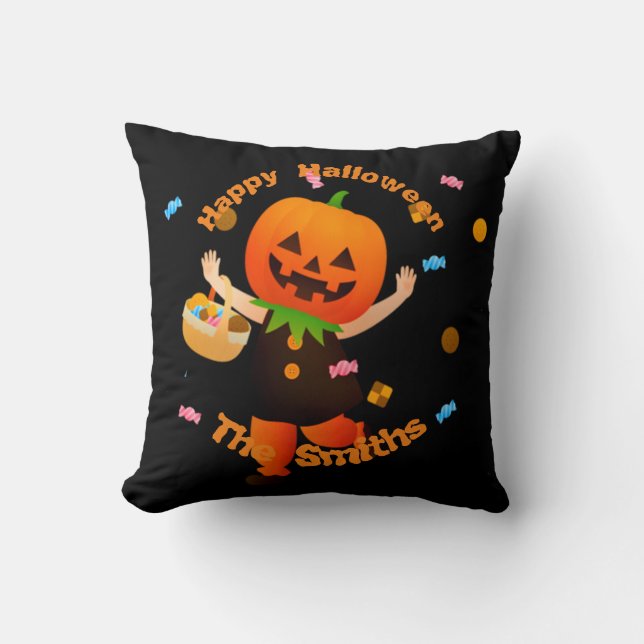 Niedlicher Pumpkin Head Trick oder Treater Hallowe Kissen (Vorderseite)