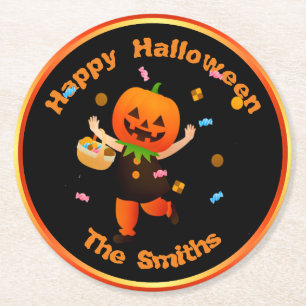 Niedlicher Pumpkin Head Trick oder Treater Hallowe Runder Pappuntersetzer