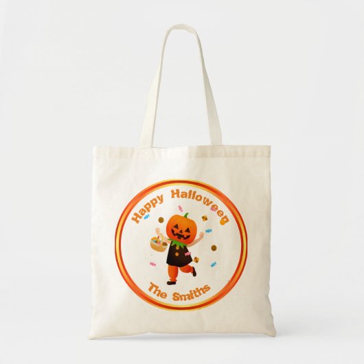 Niedlicher Pumpkin Head Trick oder Treater Hallowe Tragetasche (Vorne)