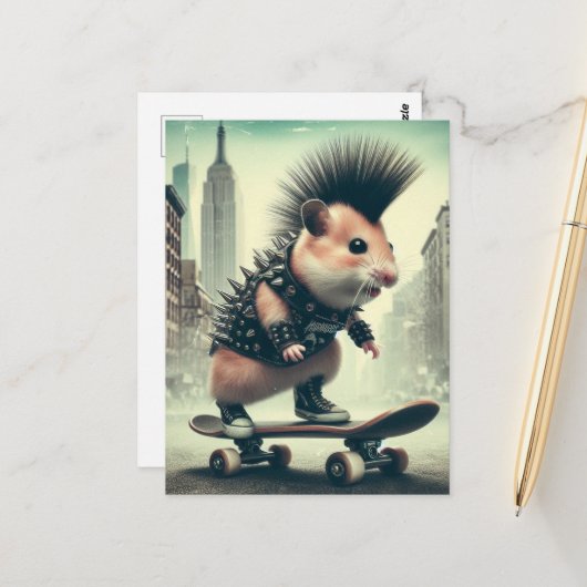 Niedlicher Punk Skateboarding Hamster im Stil der Postkarte (Vorderseite/Rückseite Beispiel)