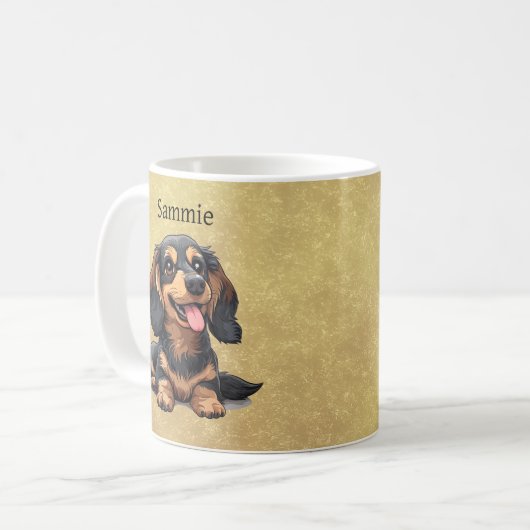 Niedlicher Puppy-Hund mit schwarzer und brauner Da Kaffeetasse (Vorderseite Links)