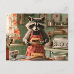 Niedlicher Raccoon Koch in Retro Küche Pancake ser Feiertagspostkarte